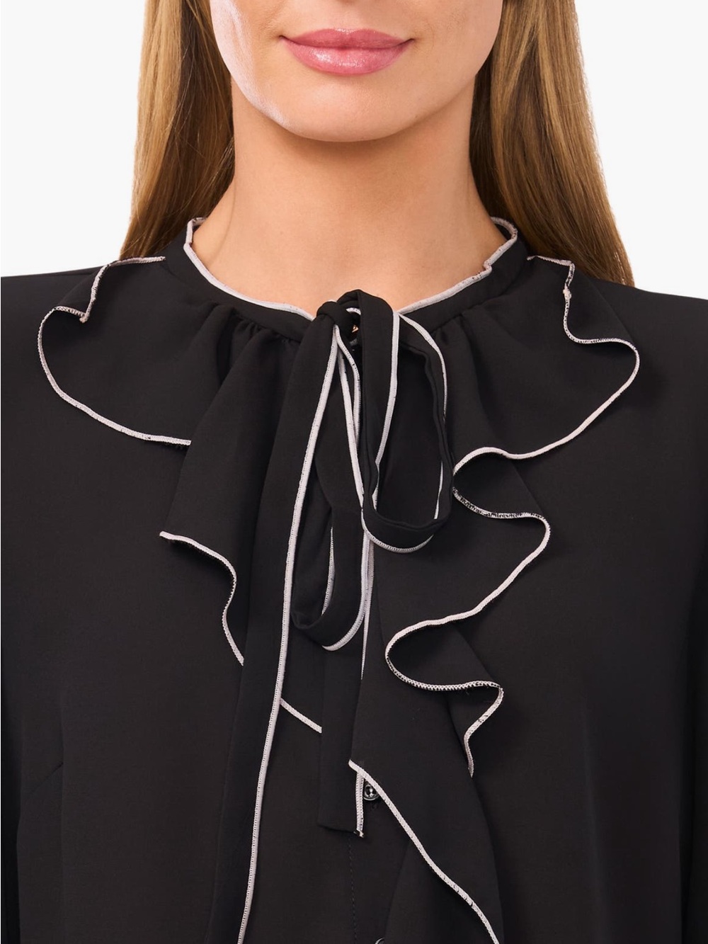 CeCe Contrast Trim Ruffle w/ Tie-Neck Blouse in Black and White Trim Size S - Picture 3 of 9